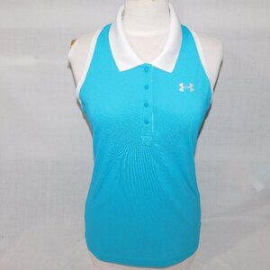 Under Armour heatgear Womens M Blue White Fitted Sleeveless Golf Polo Shirt